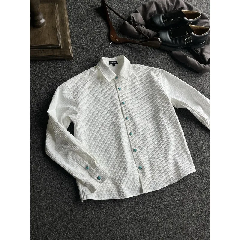 

2026 Long-sleeved Shirt Men's High-end Ruffian Handsome Turquoise Pleated Shirt White Cleanfit Jacket
