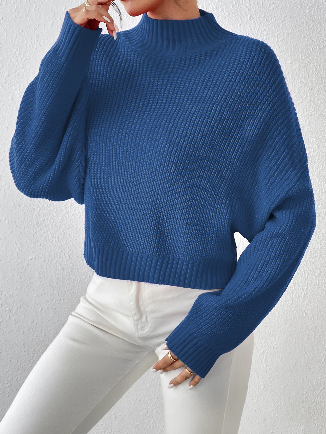 Women\'s Ribbed Knitted Sweater, Mock Neck Long Sleeve Pullover, Solid Color High Neck Drop Shoulder Jumper