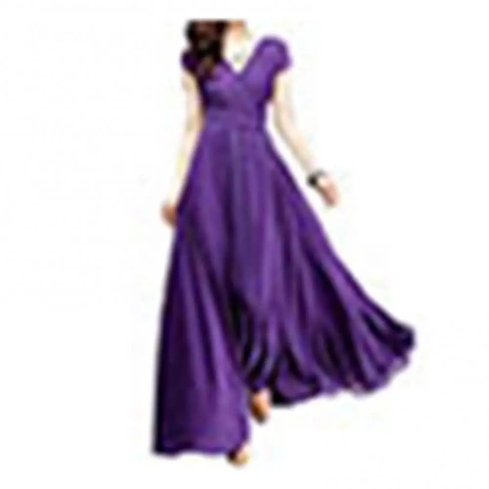 Hot summer Bohemian Women Solid Color Short Sleeve V Neck Tight Waist Maxi Evening Dress Tight Waist Maxi Evening Dress