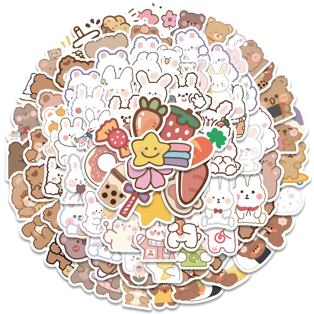 90PCS Cartoon White Bunny Rabbit Brown Bear Sticker Laptop Guitar Motorcycle Luggage Skateboard Kids Toy Stickers