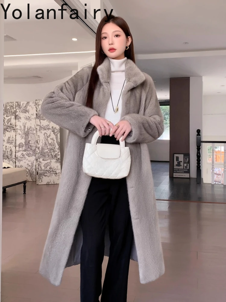 YOLANFAIRY سترات من فرو المنك بالكامل الحقيقي للنساء لشتاء 2025 معطف فرو طبيعي متوسط الطول بياقة واقفة أنيقة Casaco Feminino #4