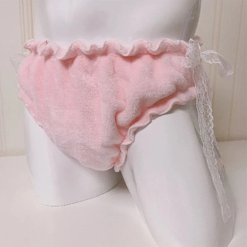 Women Sexy Pink Flannel Lace Briefs Bowknot Puffy Touch Warm Thick Soft Lolita Panties  Live Show Dance Panty Private Party