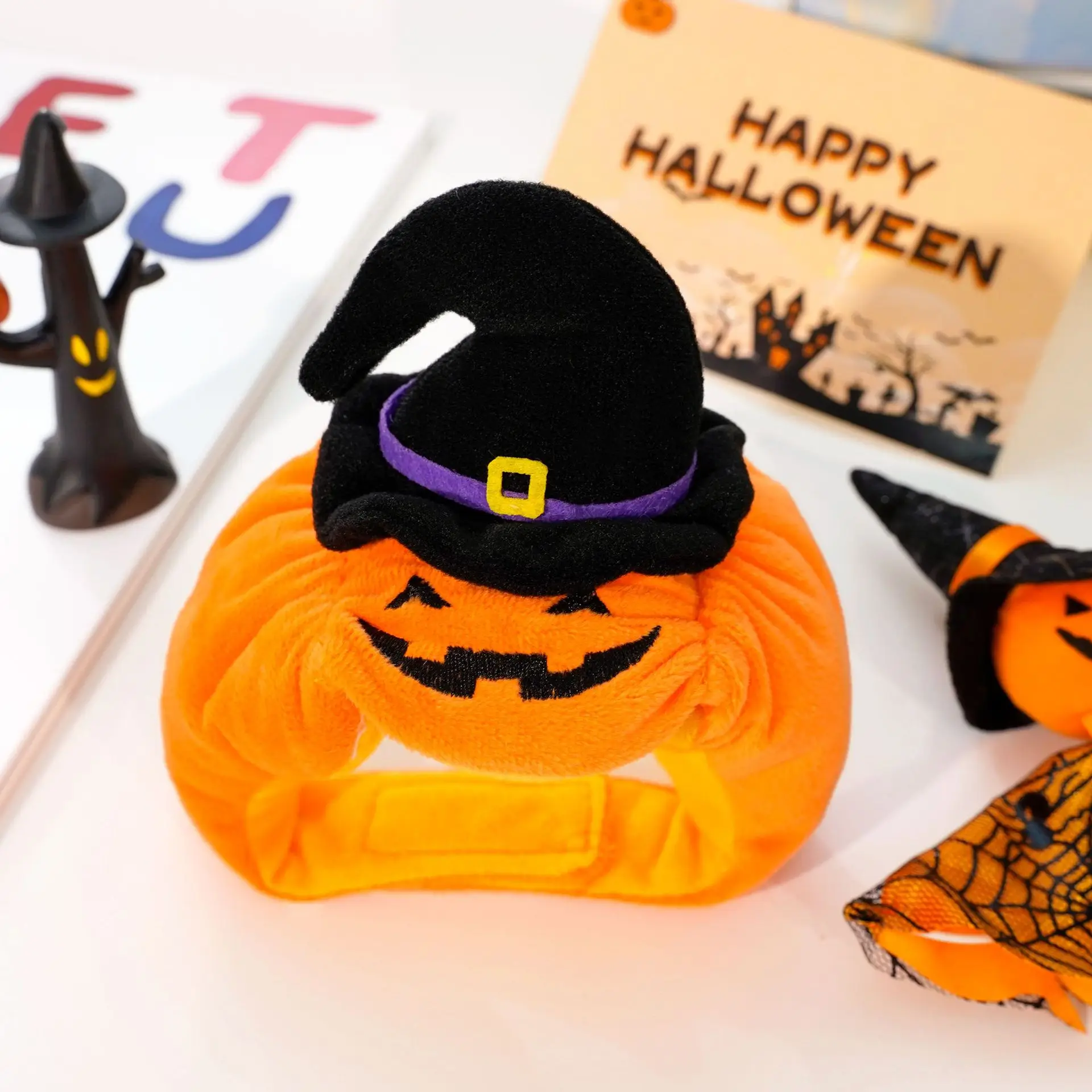Halloween Cat Cap Pumpkin Plush Head Cover Cute Cat Dog Woven Warm Headdress Pet Hat Kitten Puppy Cosplay Costume Accessories