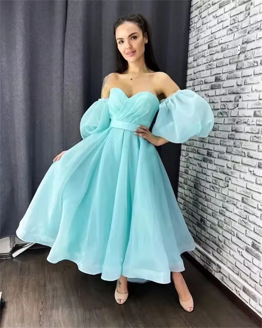 

Customized Sweetheart Ball Dress Sparkly Tulle Fluffy Short Sleeve A Line Tea Long Party Dress Bareback Evening Dresses Women