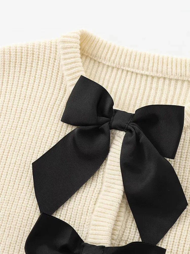 TRAF 2024 Autumn Women Knitted Cardigan Cute Bow Lace Up Hollow Out V Neck Slim Sweater Jacket Crop Top Y2K