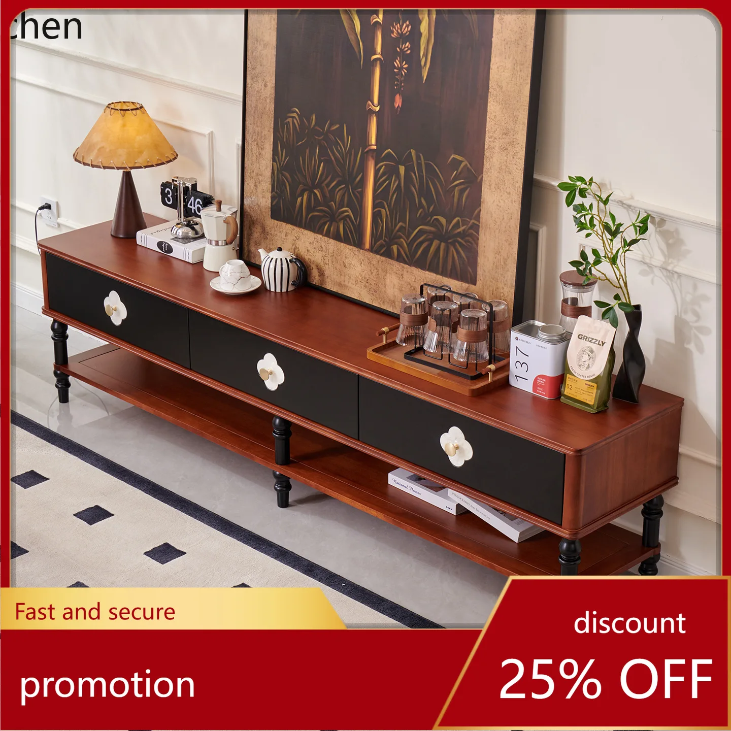 ZML Solid Wood TV Cabinet Living Room Storage Cabinet Combination Long  Coffee Table Side Cabinet Storage