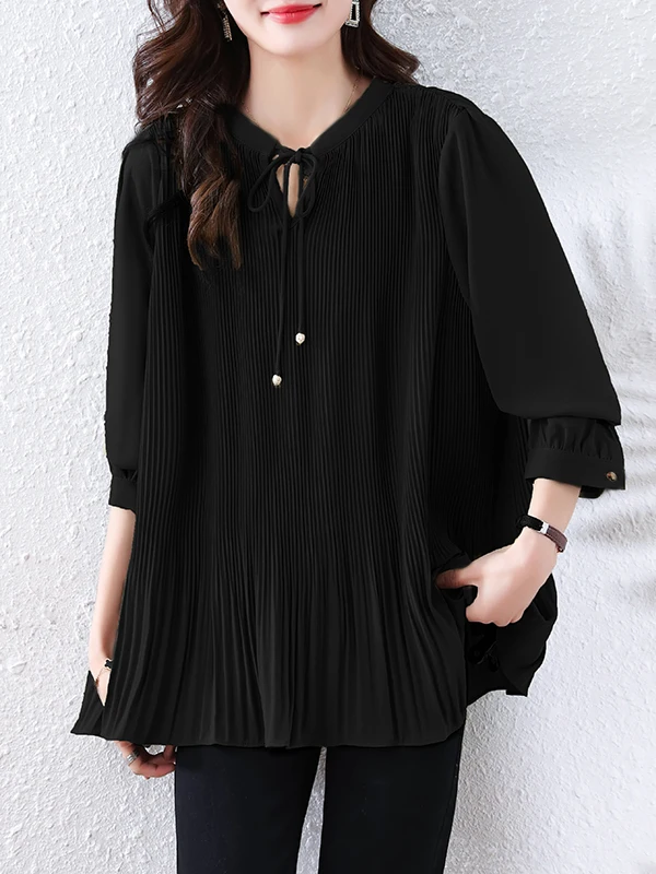 เสื้อผ้าพลัสไซส์ทรงหลวมสไตล์สปริงแฟชั่นสีพื้นจีบระบายสำหรับผู้หญิงพลัสไซส์ใส่ทำงาน
