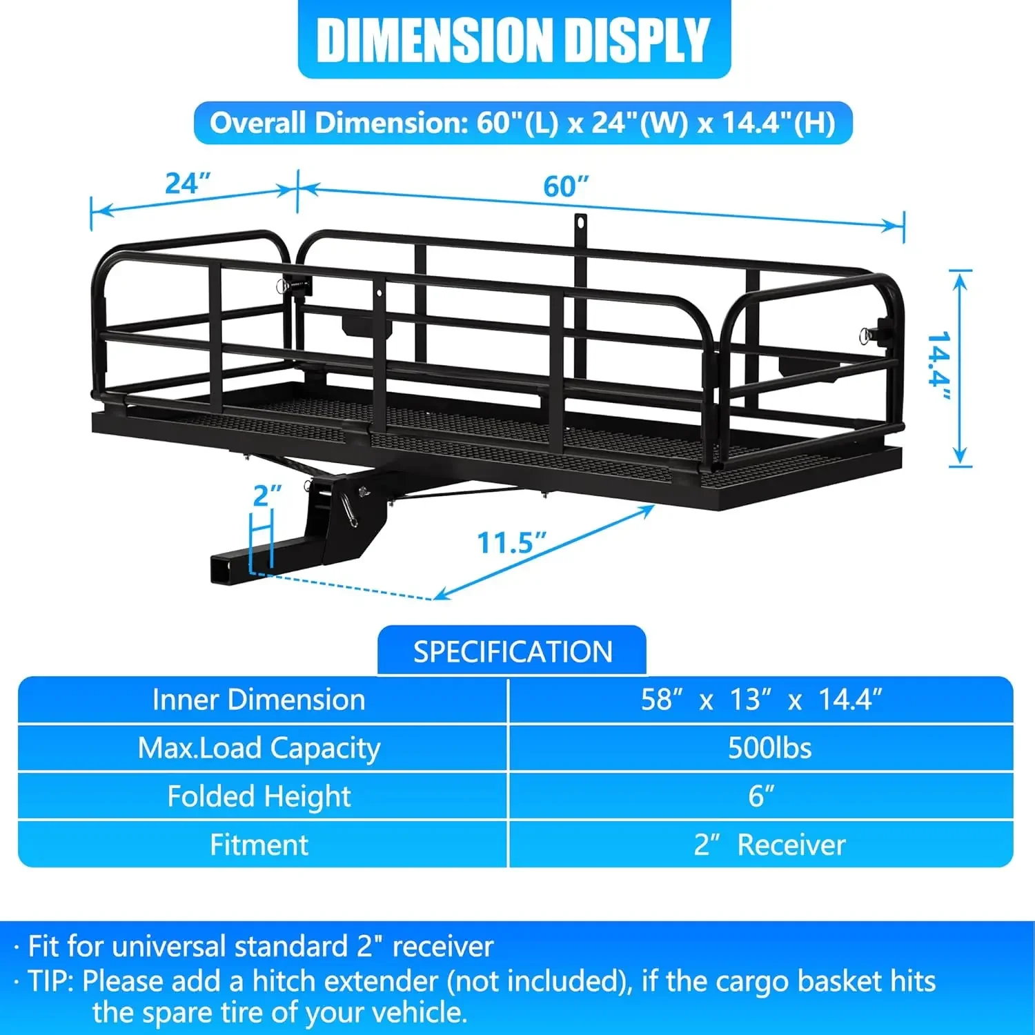 500 Lbs Heavy Duty Hitch Mount Cargo Carrier Folding Rear Luggage Rack Basket Fits 2