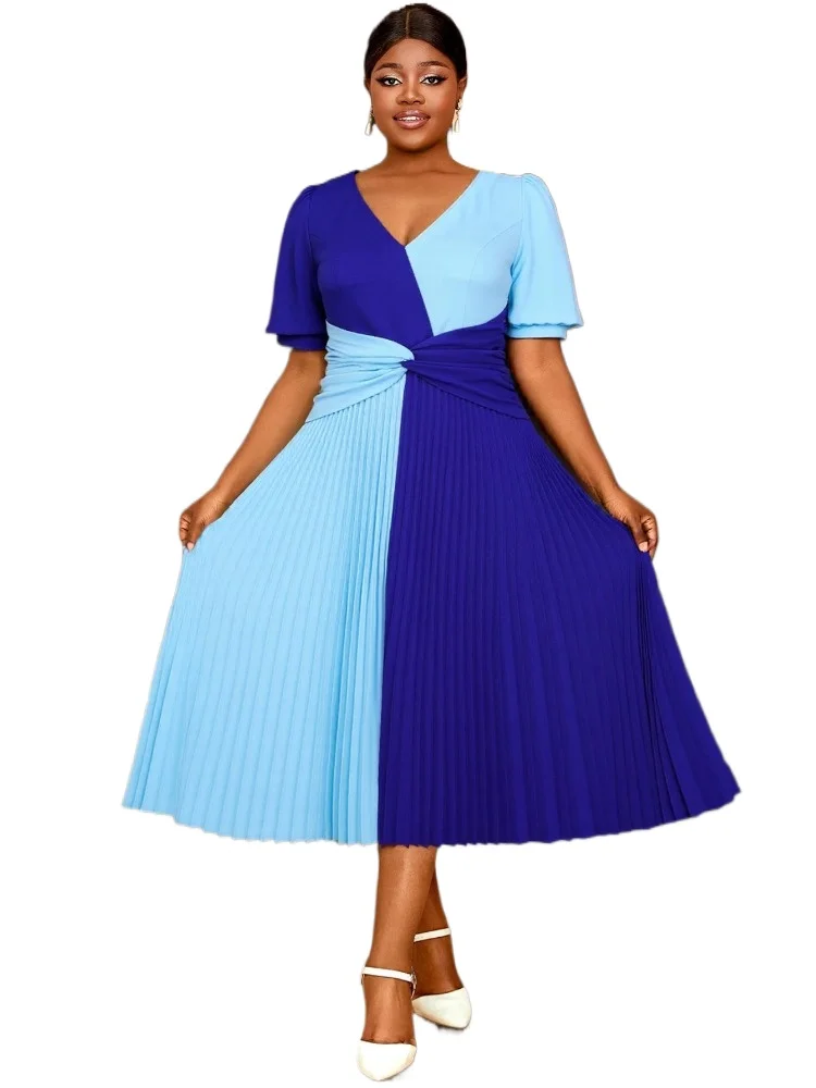

V Neck Patchwork A Line Pleated Dress Puff Sleeve Elegant Colorblock Midi Party Dresses for Women Office Casual Party Outfit