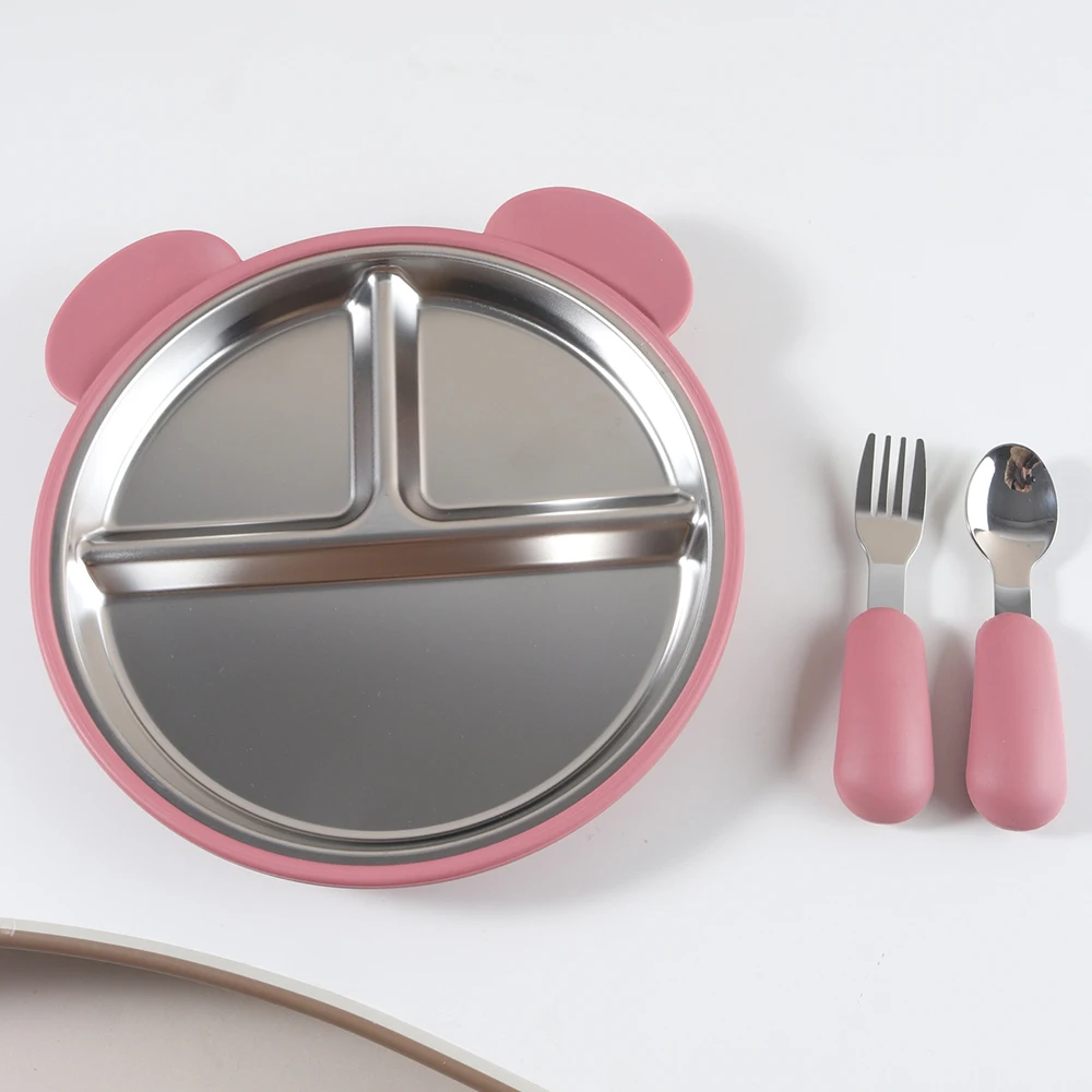 

3-Compartment Stainless Steel Plate with Silicone Sleeve Unbreakable Toddler Divided Dish