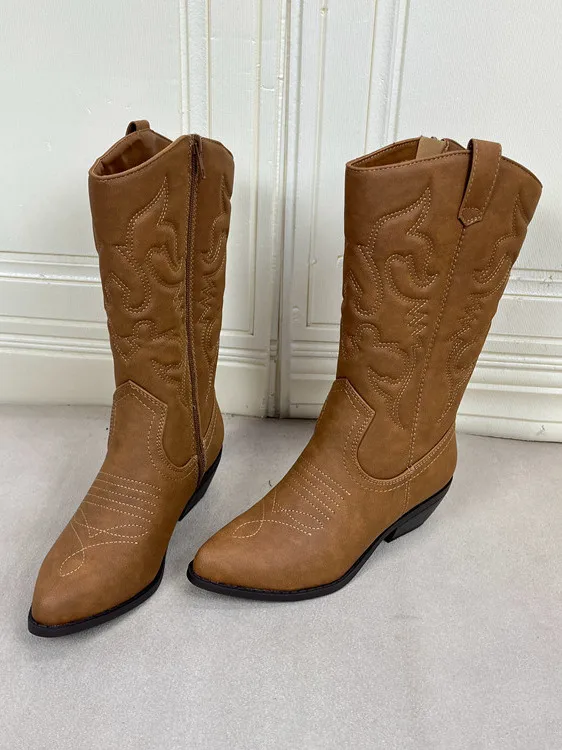 

Модные ретро-ботинки в западном стиле с вышивкой, женские, с острым носком, однотонные, на массивном каблуке, короткие ботильоны, на все сезоны