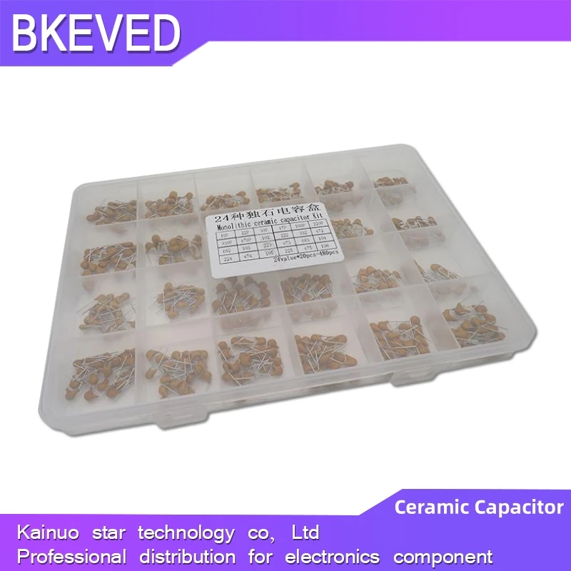 24Values*20PCS =480PCS Monolithic Ceramic Capacitor 10pF~10uF Ceramic Capacitor Assorted Kit with Box