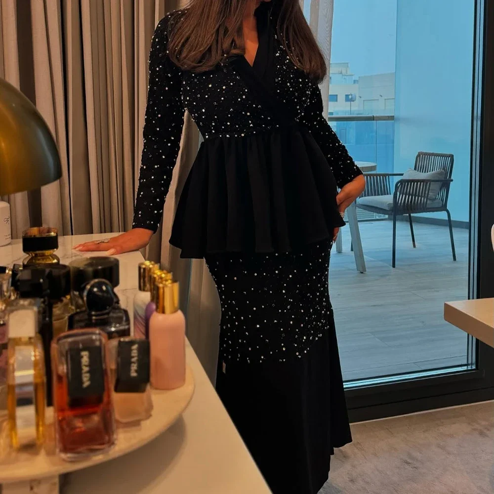 Abiti da sera a trapezio personalizzati Abito da ballo a maniche lunghe con scollo a V alla caviglia Abito da festa casual drappeggiato in cristallo di moda semplice