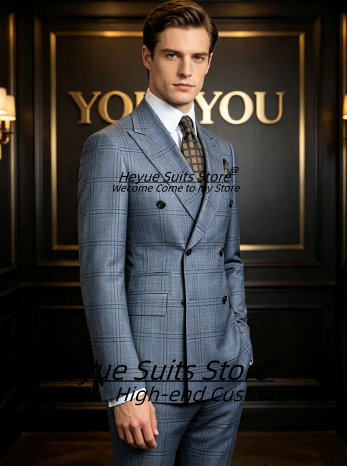 Fashion Light Blue Windowpane Plaid Double Breasted Men Suits Customized Slim Fit Peak Lapel Men Suits 2 Pieces Sets Ropa Hombre