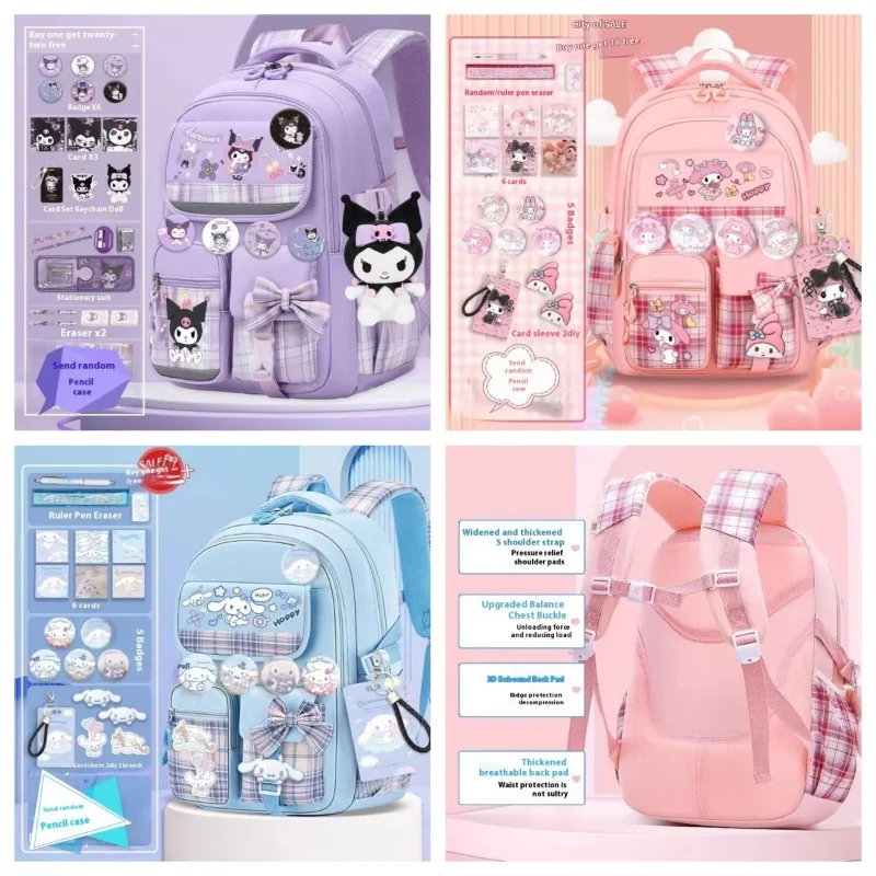 

Kuromi Cinnamoroll Schoolbag Cartoon Bag Burden Reduction Lightweight High Capacity Child Backpack School Supplies Student Gifts