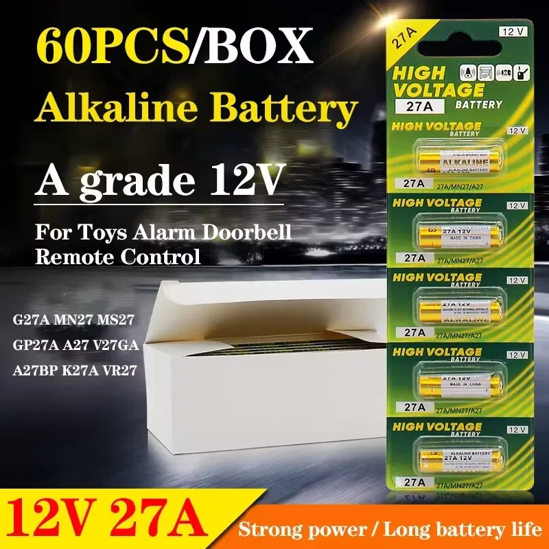 60pcs 27A 12V A27 Alkaline Battery for Car Alarm Remote Control Doorbell Walkman Dry Cell G27A MN27 MS27 GP27A L828 V27GA R27A