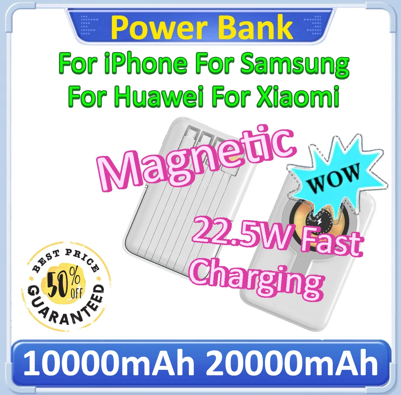

10000mAh 20000mAh Magnetic Power Bank For iPhone/Samsung/Huawei/Xiaomi 22.5W Fast Charging Built-in Cable With Stand
