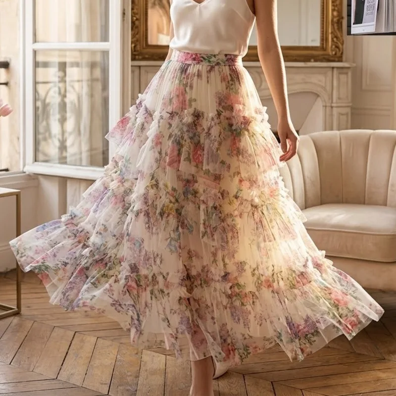

Patchwork Floral Print Layered Tulle Cake Skirt Midi Boho Romantic Summer Party Beach Date Outfit For Women And Teens Gift