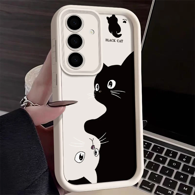 Full Screen Twin Black Cat Phone Case For Samsung S24 S23 S22 Ultra Plus S21 A55 A54 A53 A52 A25 A15 A14 5G Silicone Soft Cover