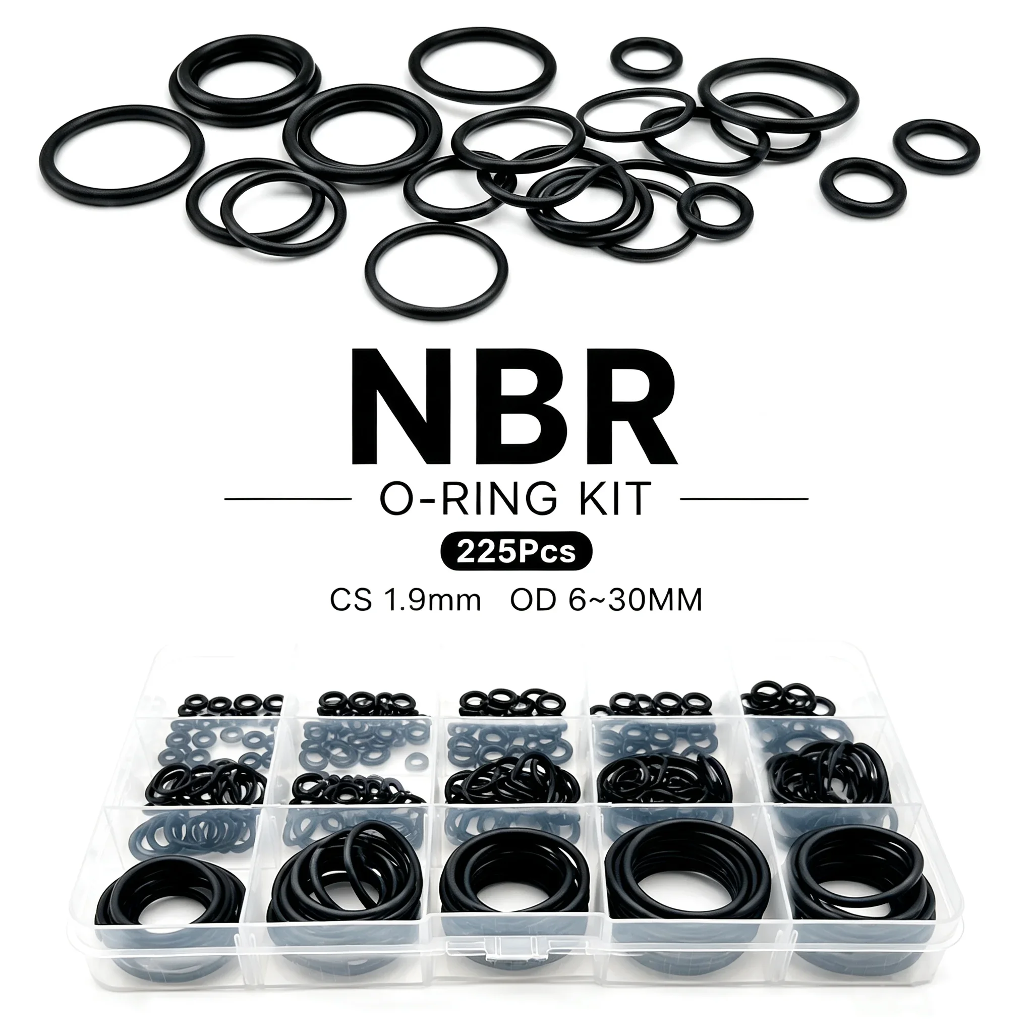 225 pezzi O-ring, rondella di tenuta in NBR, guarnizione per idraulica, spessore 1,9 mm, diametro esterno 6-30 mm, distanziatore in gomma nitrilica bu