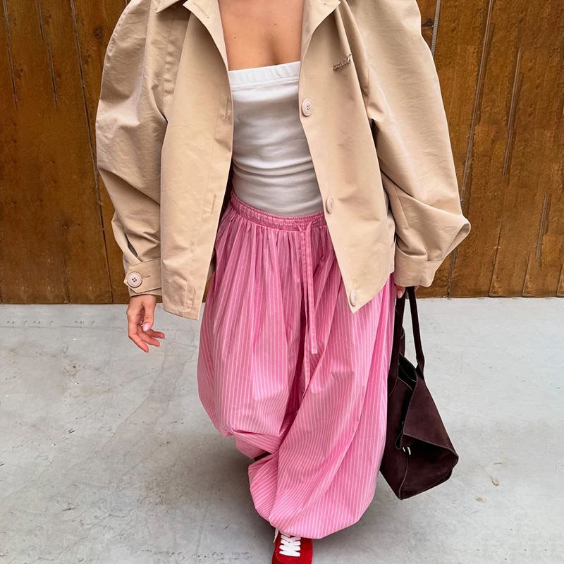 Ticketsx Striped Print Pants Women's High Waist Drawstring Wide Leg Trousers 2025 Summer Female Fashion Casual Loose Pants Y2K