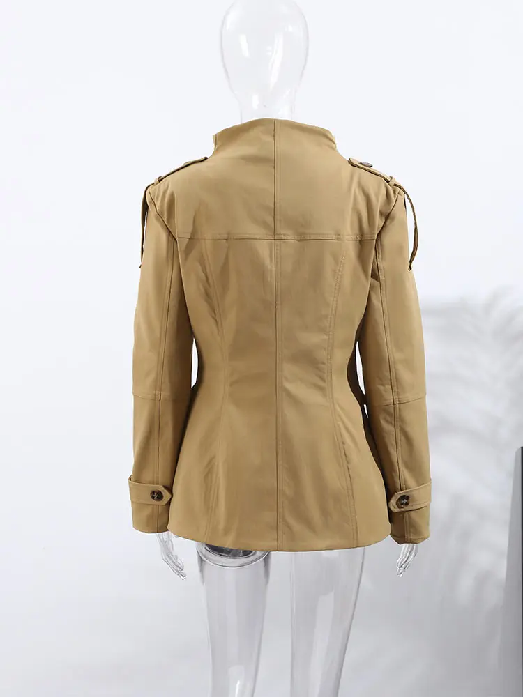Epaulet Stehkragen Taillierter Windbreaker Damen Eleganter Langarm Einreihiger Bomber-Mantel Herbst 2025 Damen-Oberbekleidung – Detail 6