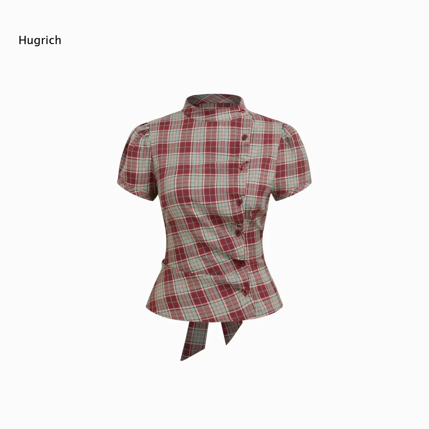 Women Plaid Checkered Short Sleeve Blouse Stand Collar Puff Sleeve Asymmetric Button Detail Slim Fitted Shirt With Back  Tie