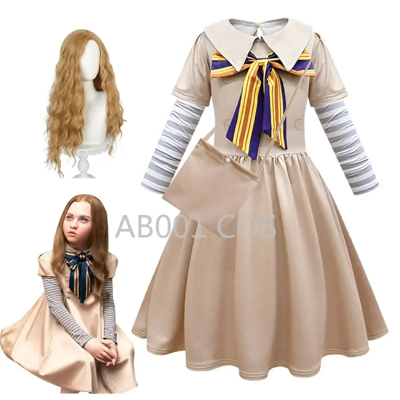 Cossky-M3gan Children Cosplay Costume False Lapel Two Pieces Long Sleeve Bow Dress Wig Bag Halloween Costume