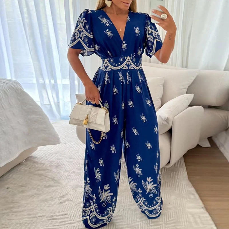 

New Women's V Neck High Waist Romper Casual Pattern Printed Commuting Playsuit Summer Short Sleeved Pleated Wide Leg Jumpsuits