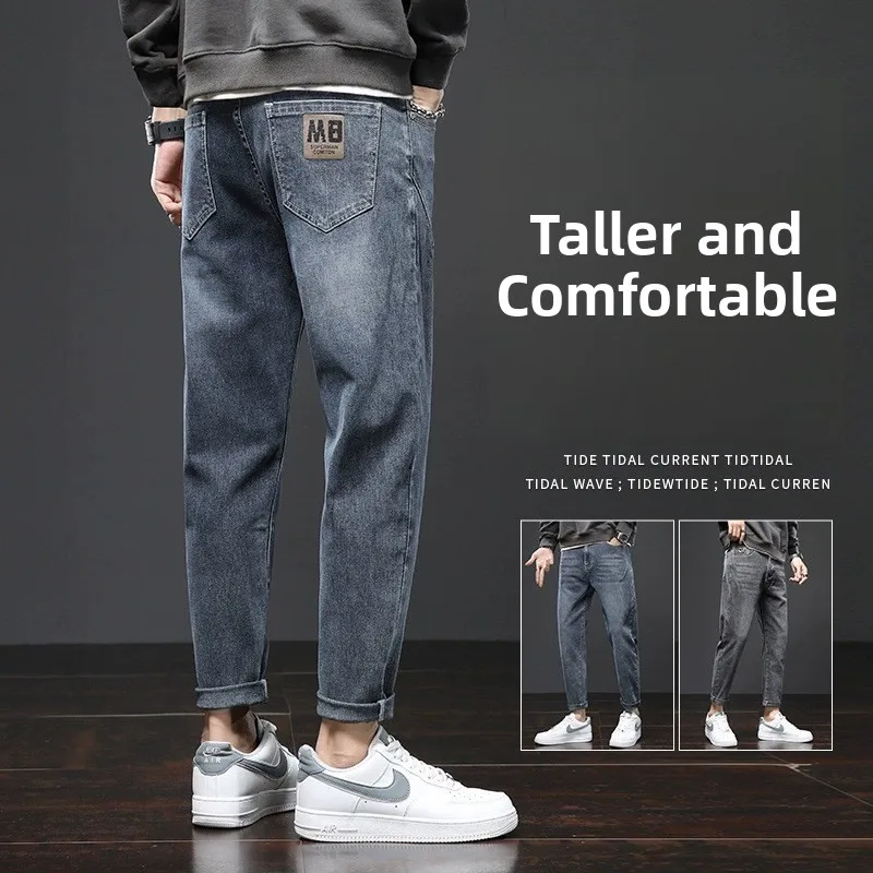

Men's Denim Jeans Spring Summer New Loose Casual Harlan Nine Point Slimming Elastic mid Waist Zipper Small Straight Foot