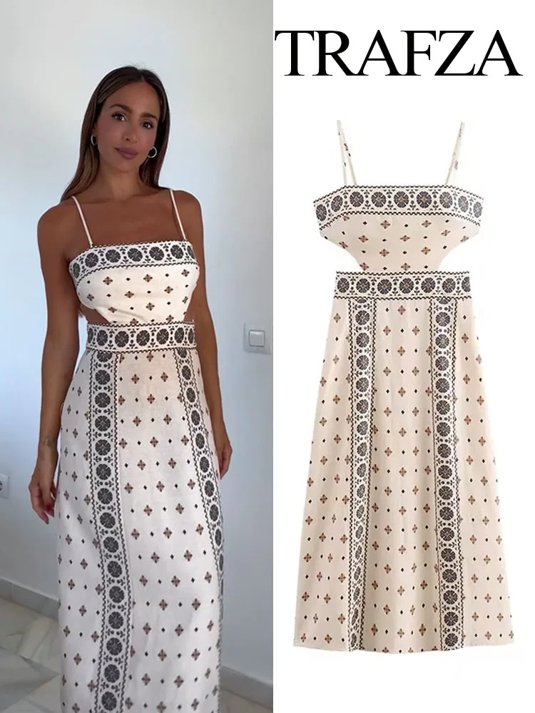 TRAFZA Summer New Fashion Women Dresses Print Sleeveless Hollow Out Backless Decorate Zipper Female Vintage Elegant Long Dress