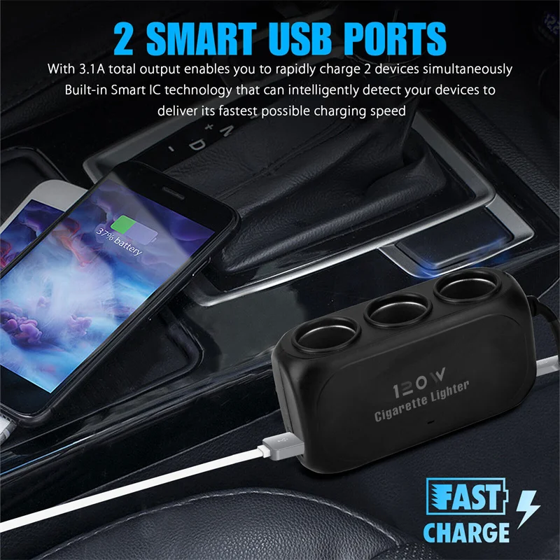 Per LPhone GPS Dashcam 120W 12V 24V 3 prese Splitter per sigarette per auto Dual USB LED Caricatore rapido per auto Adattatore per caricabatteria per auto