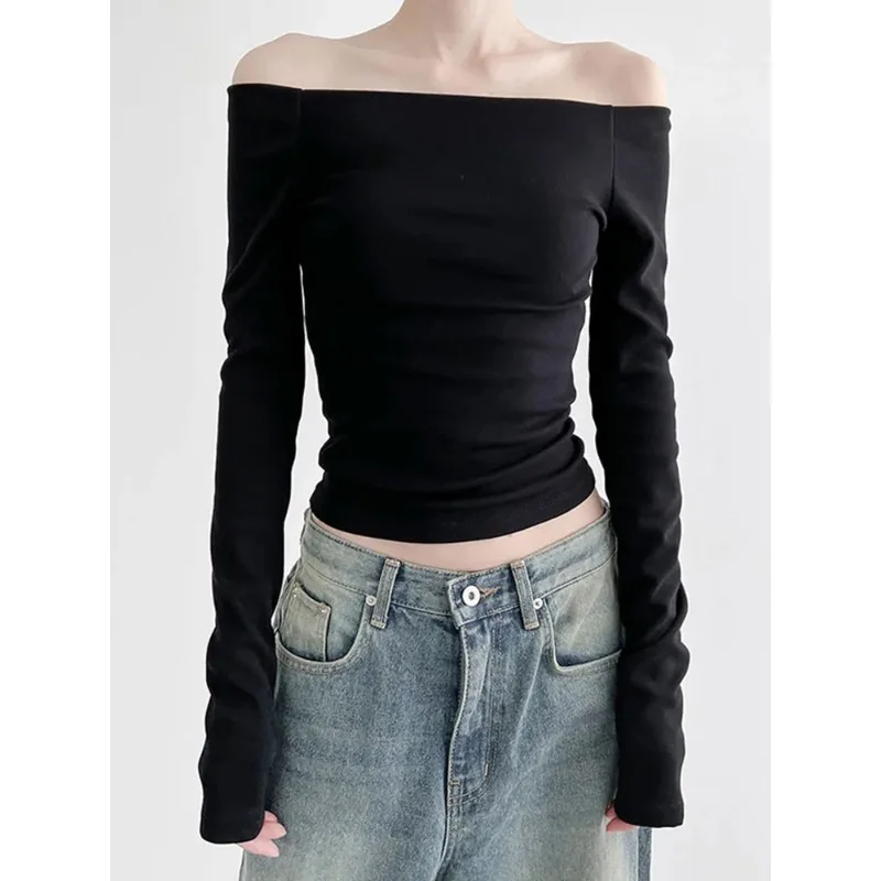 Solid Slash Neck Elegant Long Women Sleeve Tops  Fashion Slim Sexy Cropped T Shirt Women Fall Clothing