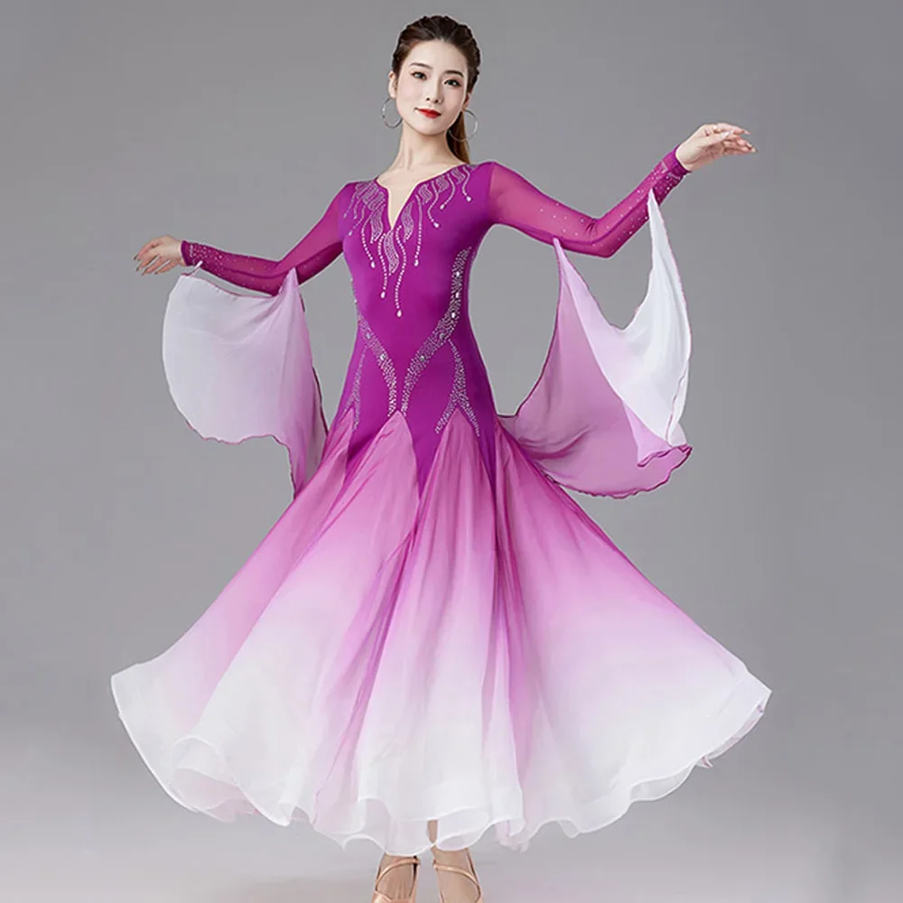 여성 볼 가운 스탠다드 왈츠 차차 대회 의상 연습복 2색 그라데이션 드레스 볼룸 댄스 의상