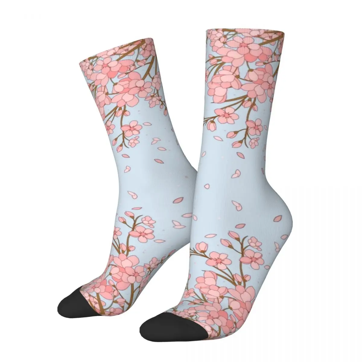 Crazy Design Japanese Cherry Blossom Pink Print Skateboard Socks Polyester Crew Socks for Unisex Non-slip