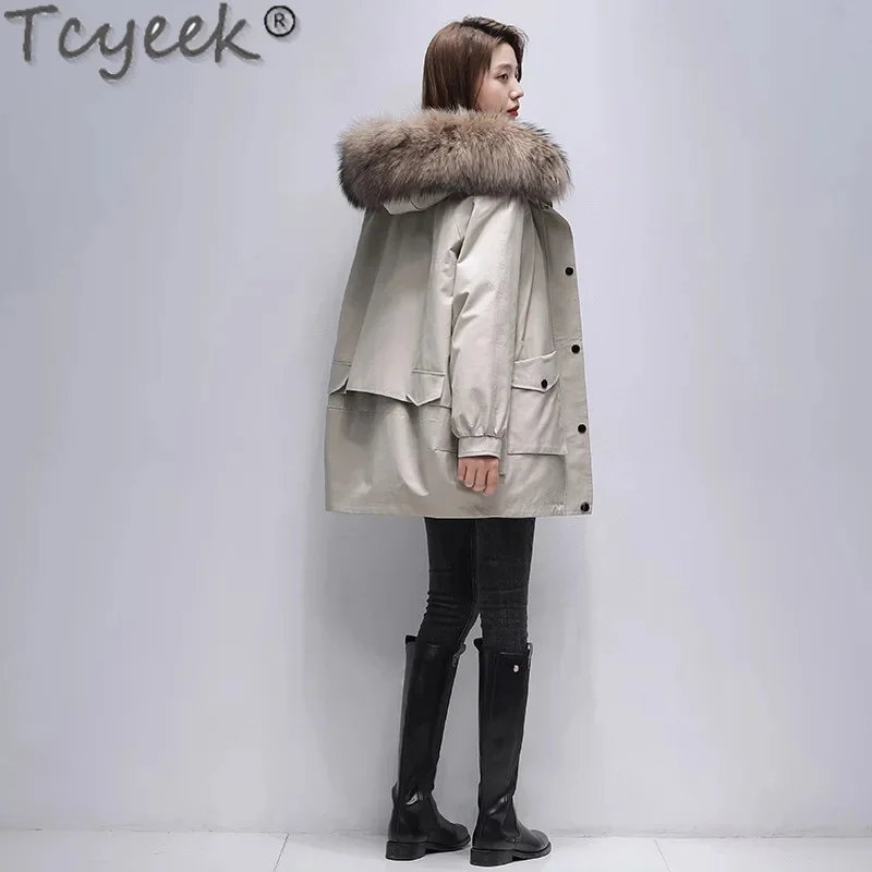 Mid-long Tcyeek Women's Parka 23 Winter Warm Rex Rabbit Liner Detachable Korean Jacket Women Clothes Raccoon Fur Collar