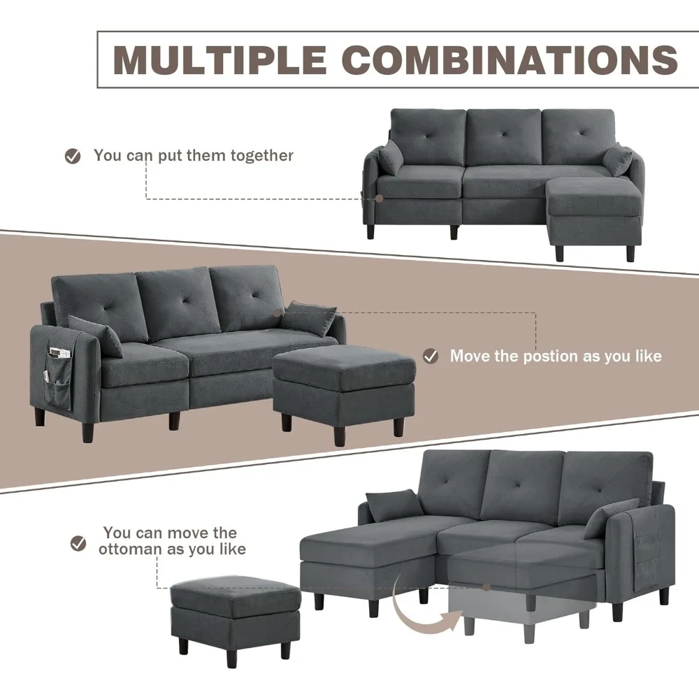modern 3-seat l-shaped sectional sofa with reversible storage chaise, 77" small couch in polyester fabric