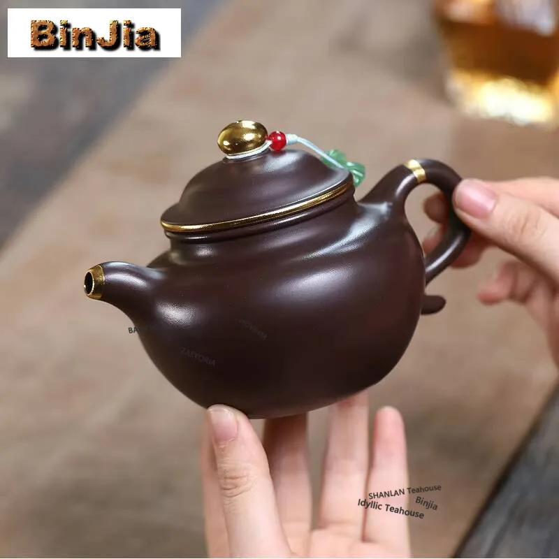 300ml Vintage Yixing Purple Clay Teapots Handmade Gold Drawing Pot Raw Ore Purple Mud Tea Maker Kettle Zisha Teaset Tea Services