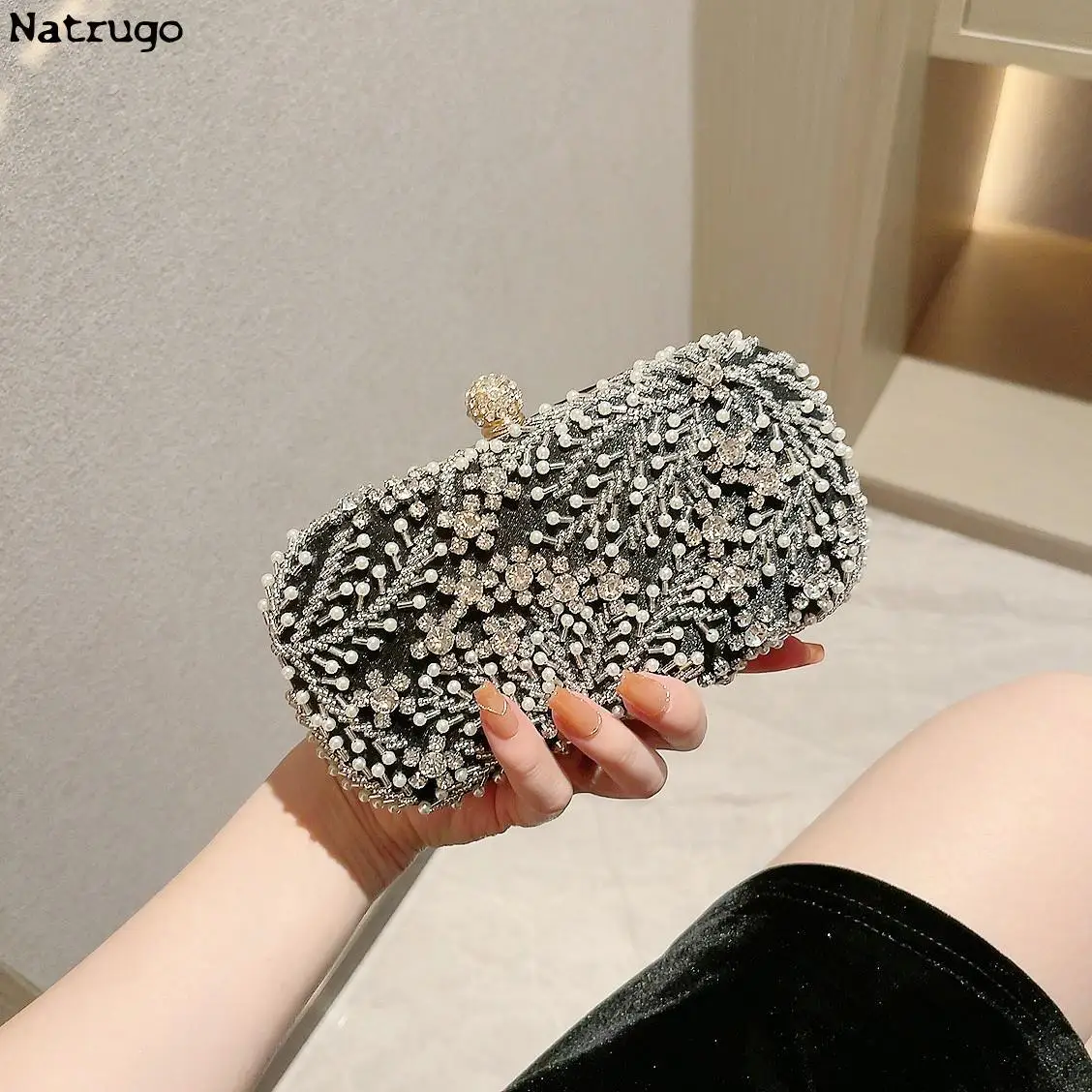 Bolso de fiesta hecho a mano brillante para mujer, flor deslumbrante, bolso de mano de perlas de cristal, bolsos de noche ahuecados, bolso de hombro