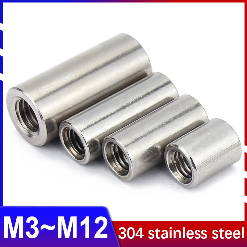 304 Stainless Steel Double-headed Inner Thread Cylindrical Round Nut Isolation Column Connection Screw Rod Stud M3M4M5M6M8M10M12