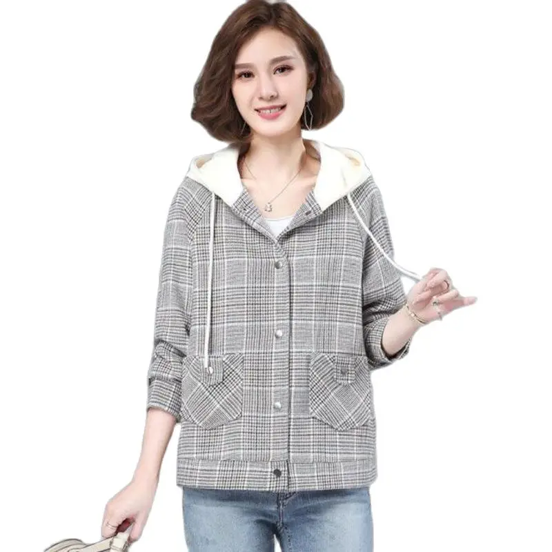 

2022 Spring Autumn New Style Women's Short Coat Loose Middle-Aged Mother Splicing Single-Breasted Hooded Lattice Ladies Jacket