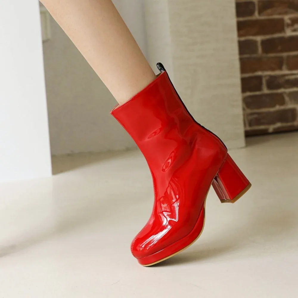 New 7cm High-heeled Cross Dressing Shoes Platform Boots Square Heel Boots Sexy Round Toe Leather Zip Women Mid-calf Boots view 3