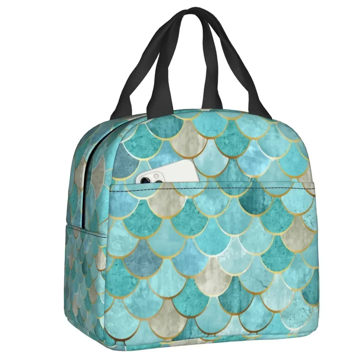 Moroccan Fish Scale Pattern Thermal Insulated Lunch Bags Aqua Teal Fishscales Portable Lunch Tote Kids Storage Food Box