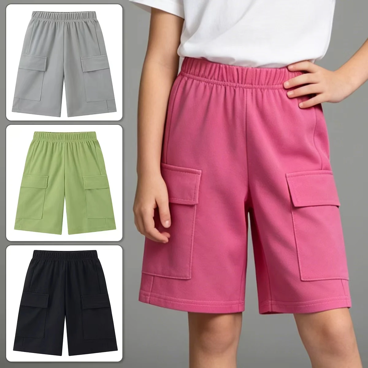 Summer children's fashionable and handsome workwear shorts for boys and girls, casual pockets, simple sports five quarter pants