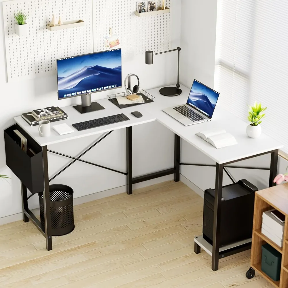 L Shaped Desk Computer Gaming Corner Table 50 Inch Home Office Writing Student Work PC Workstation with Side Storage Bag CPU St