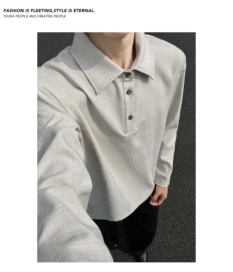 Minimalistisches Streetwear-Langarm-Poloshirt für Herren mit Reverskragen, meliertem Slub-Muster und weichem Material für alltägliche Freizeitaktivitäten. – Detail 14