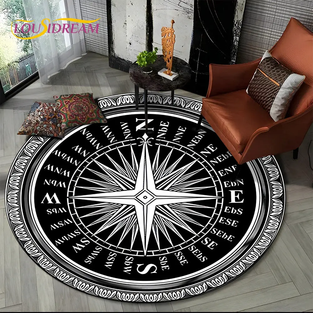 3D Retro Compass Series Circle Area Rug,Round Carpet Rug for Living Room Bedroom Sofa Foot Pad Decor Non-slip Floor Mat Gift