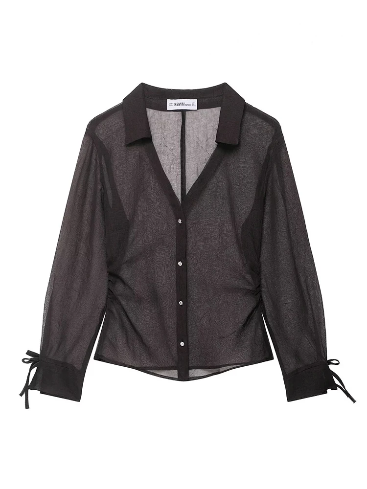 HH Women Autumn New Fashion Bow Decorative Translucent Shirt Female Temperament Sexy Single Breasted Slim Long Sleeve Shirt
