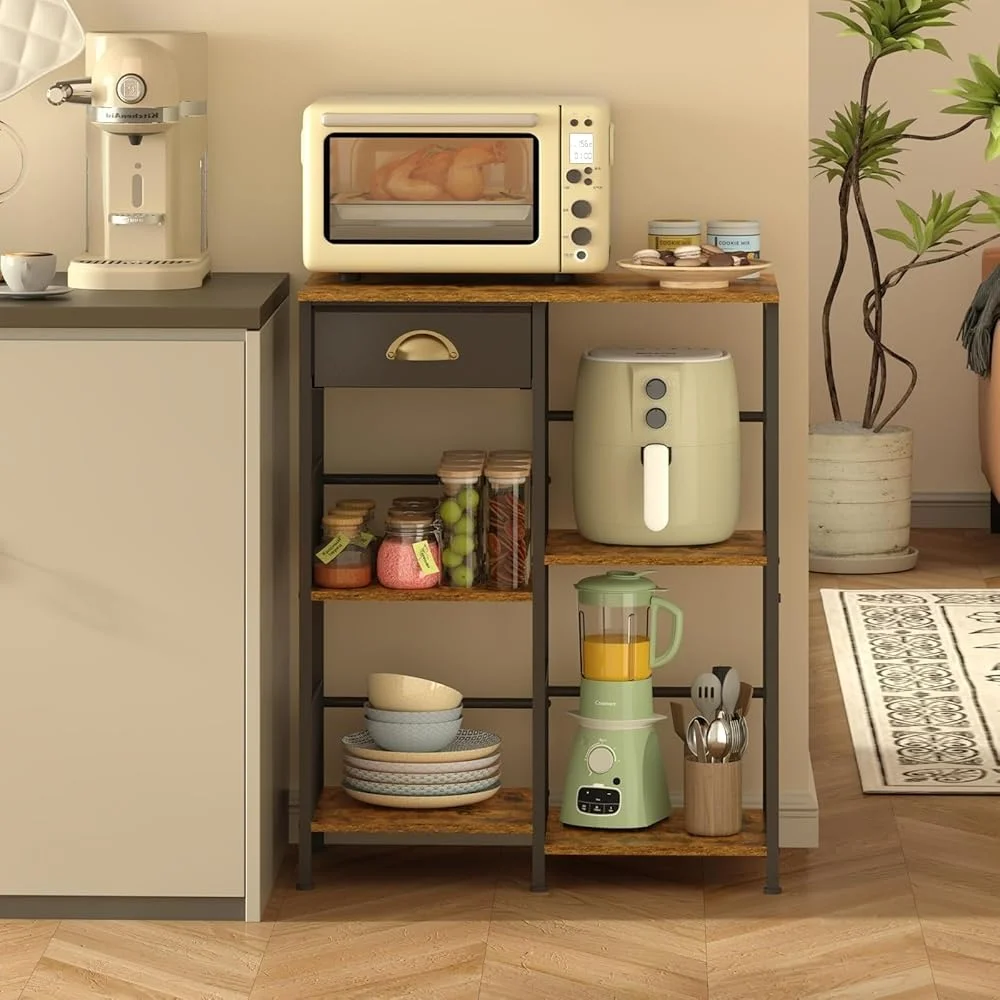 5-Tier Coffee Bar Stand with Drawer Rustic Kitchen Storage Compact Microwave Rack Space Saver