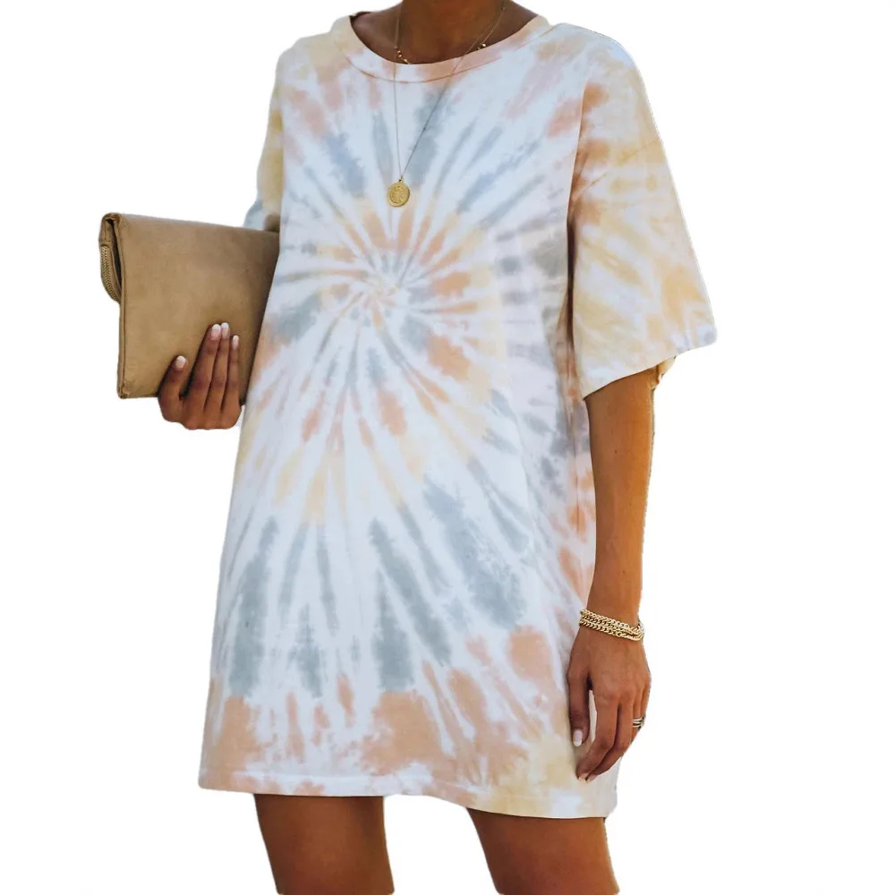 2025 Primavera/Novedad de verano Vestido largo con camiseta cómoda e informal holgada con tinte dibujo Tie 115